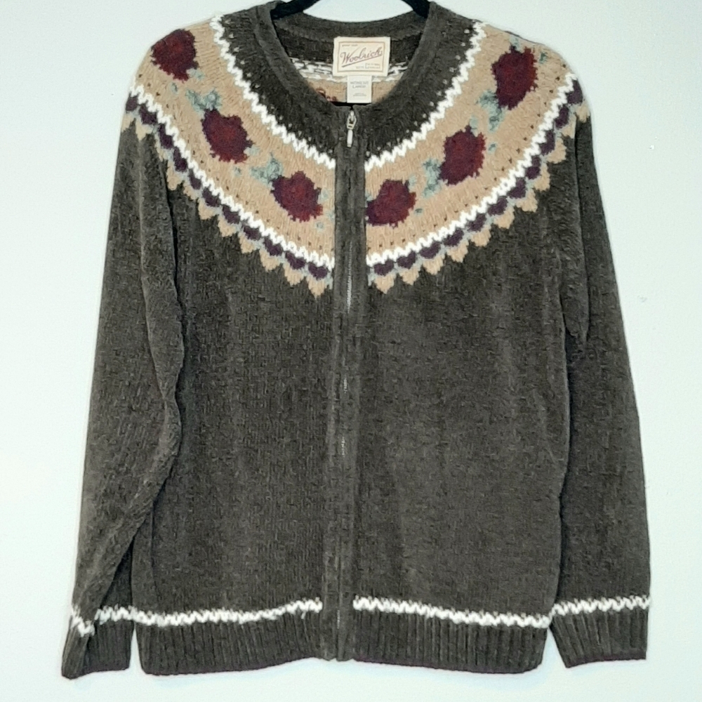Woolrich Fair Isle Light Wool Blend Sable Zip Up Cardigan Size Large
